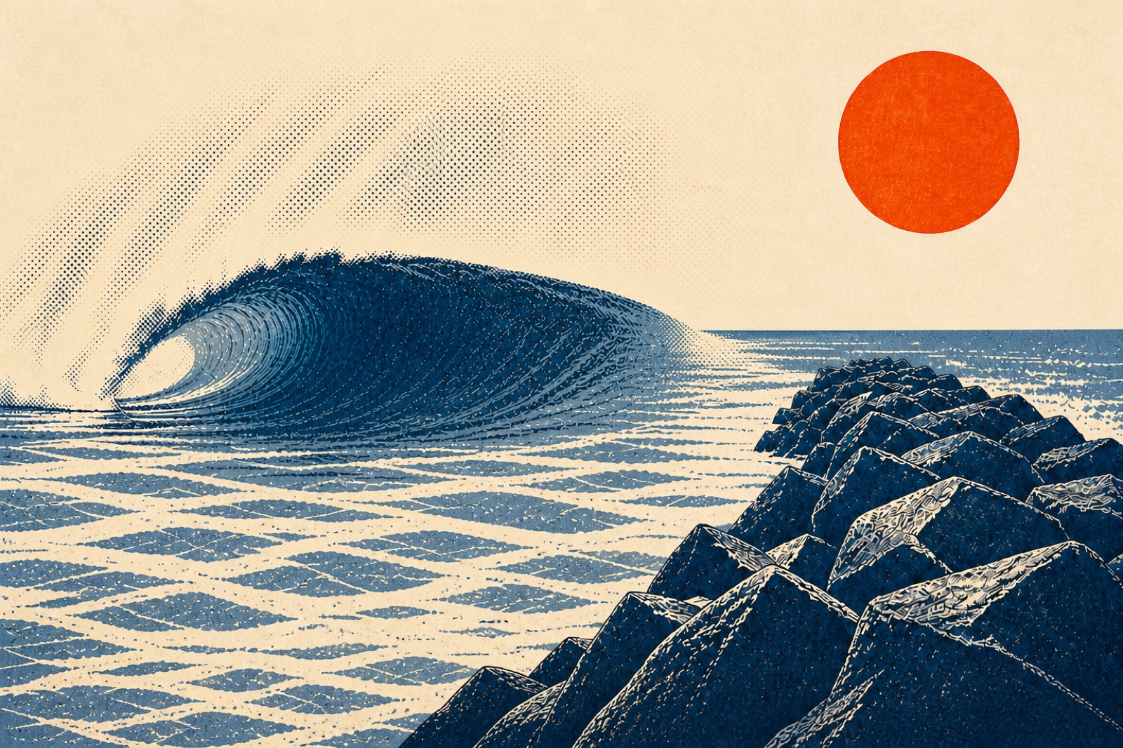 A screen-printed wave and jetty illustration