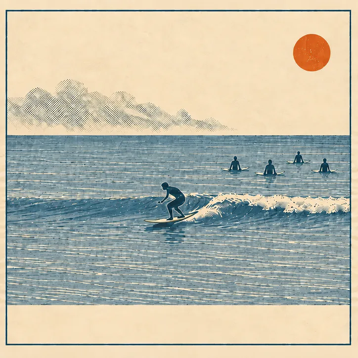 A small crew sharing a clean wave at their local break