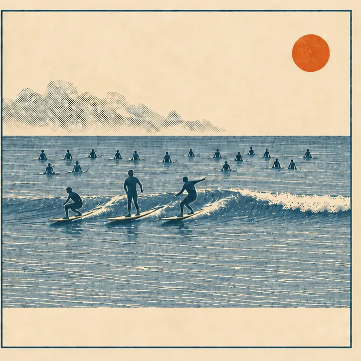 A crowded surf lineup showing why local observations should not become a public spot report